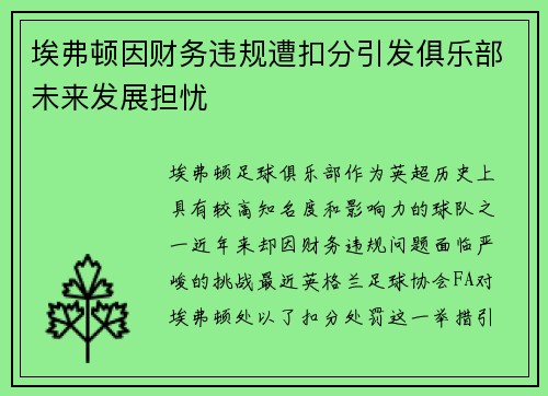 埃弗顿因财务违规遭扣分引发俱乐部未来发展担忧