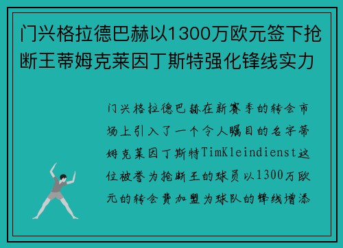 门兴格拉德巴赫以1300万欧元签下抢断王蒂姆克莱因丁斯特强化锋线实力